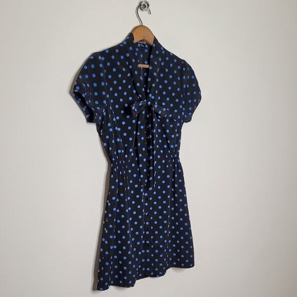 Short Sleeve Polkdot Mini Dress W/ Smocked Waist & Neck-Tie - Picture 8 of 8